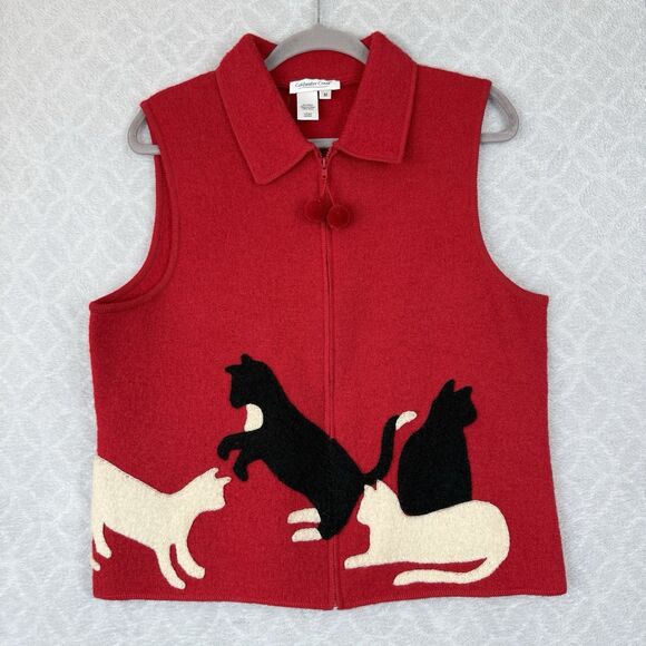Coldwater Creek Boiled Wool Sweater Vest Womens M Red Playing Cats Grandmacore - Picture 1 of 10